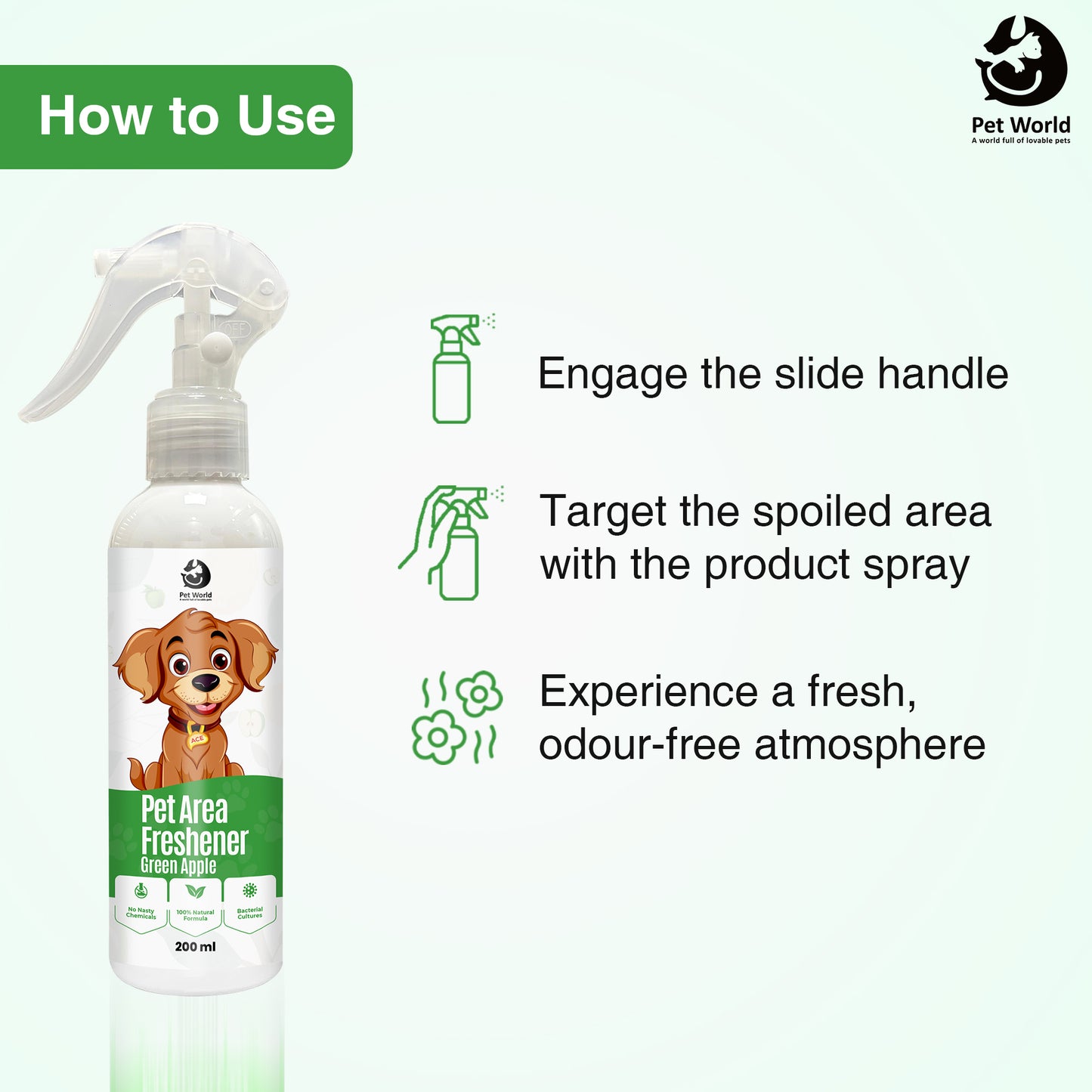 how to use pet pet area freshener - green apple fragrance